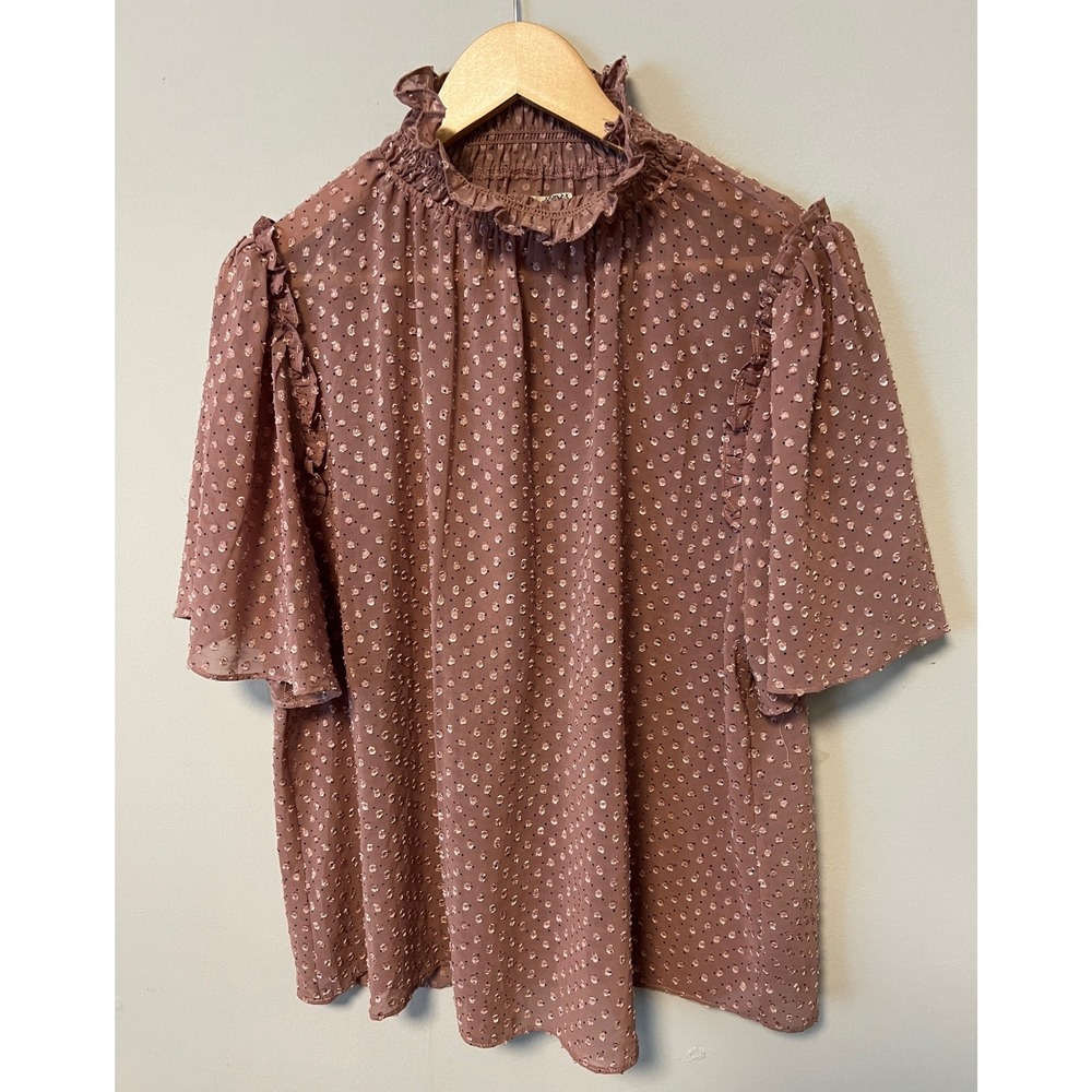 Everleigh Blouse Womens XL Mauve Pre-owned Swiss Dot Mock Neck Ruffle Top